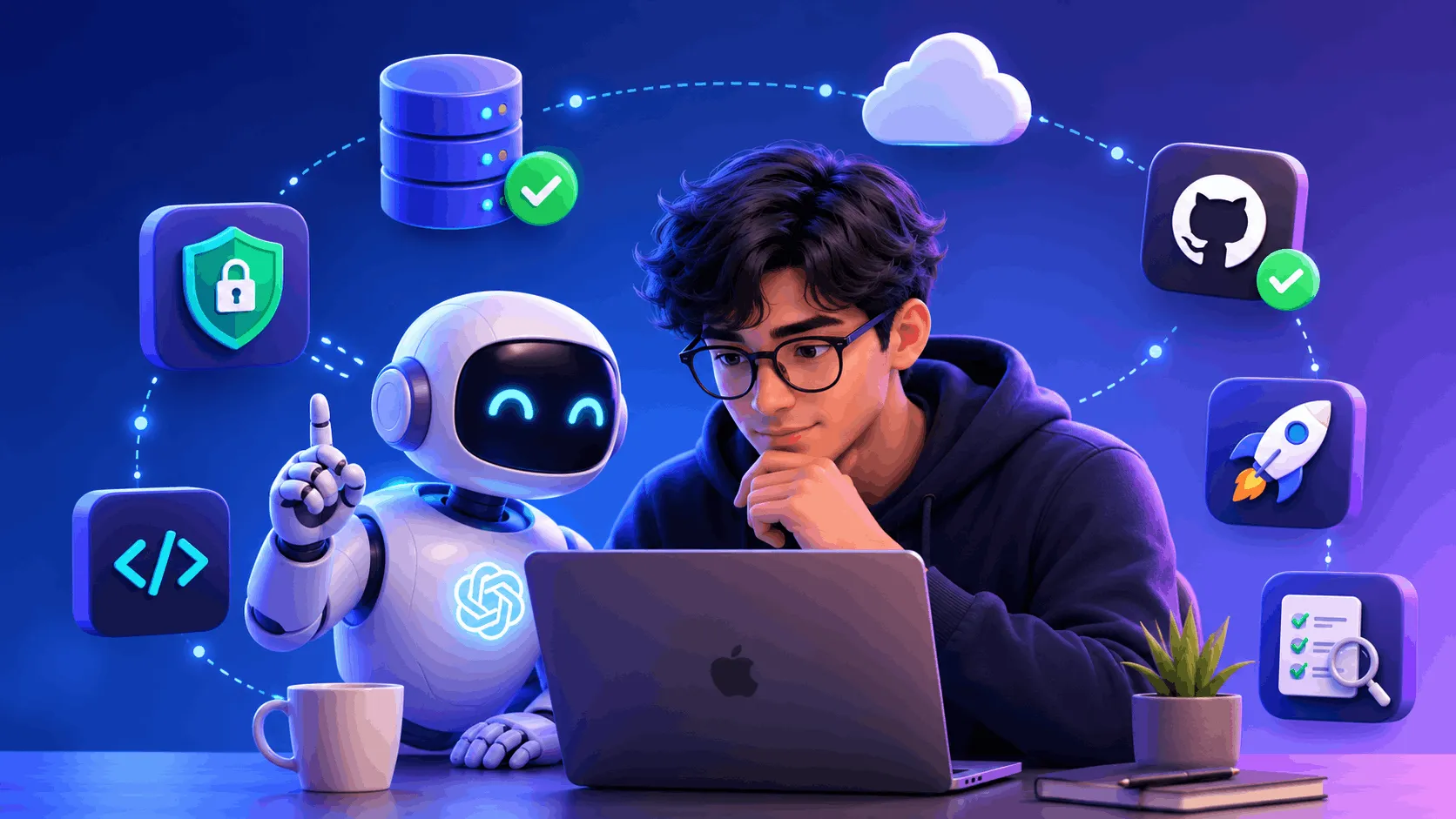 Ilustración de un desarrollador usando un asistente de IA para crear una aplicación, con iconos de base de datos, despliegue y testing.