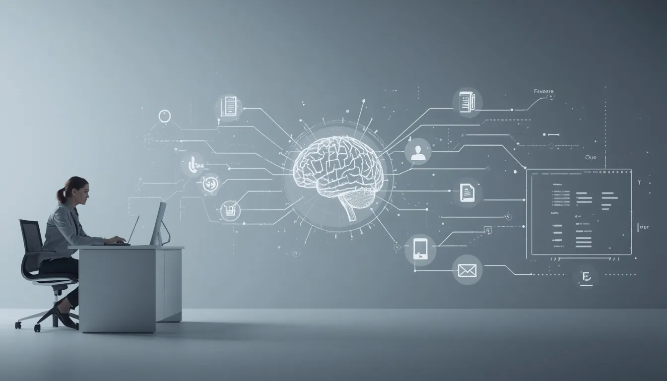 Ilustración de un agente de IA utilizando herramientas para investigar, procesar información y completar una tarea bajo supervisión humana