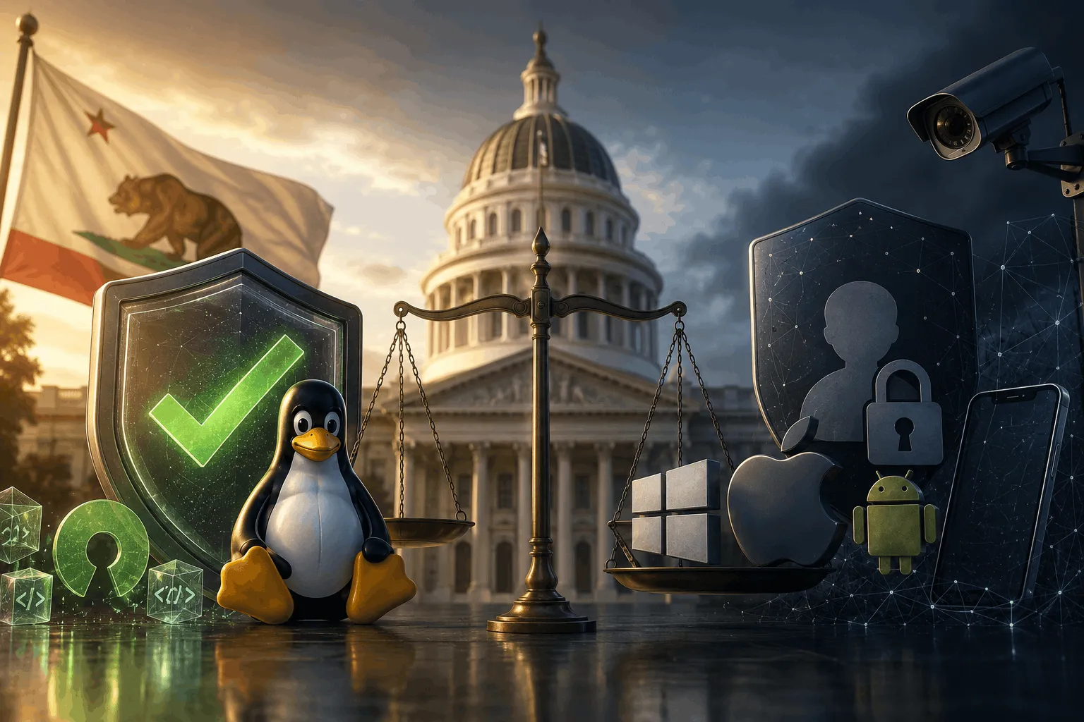Balanza de justicia entre Linux y sistemas operativos propietarios.