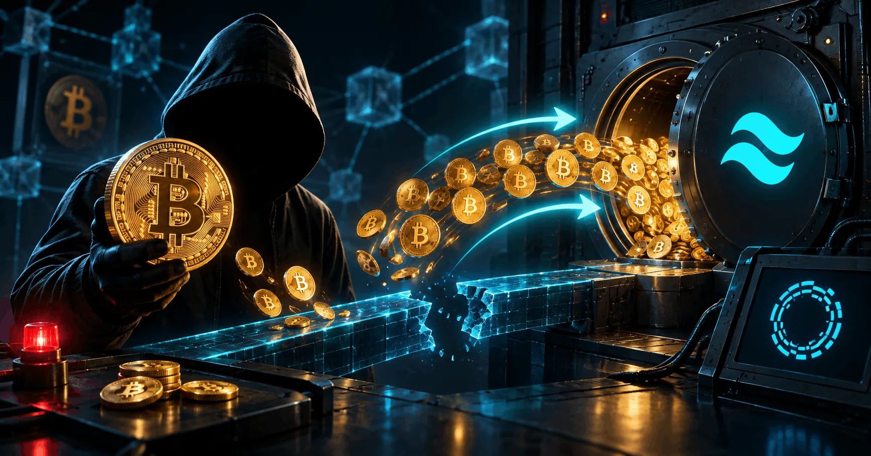 Bitcoins saliendo de una reserva federada a través de un puente digital mientras operadores revisan el código de Liquid Network