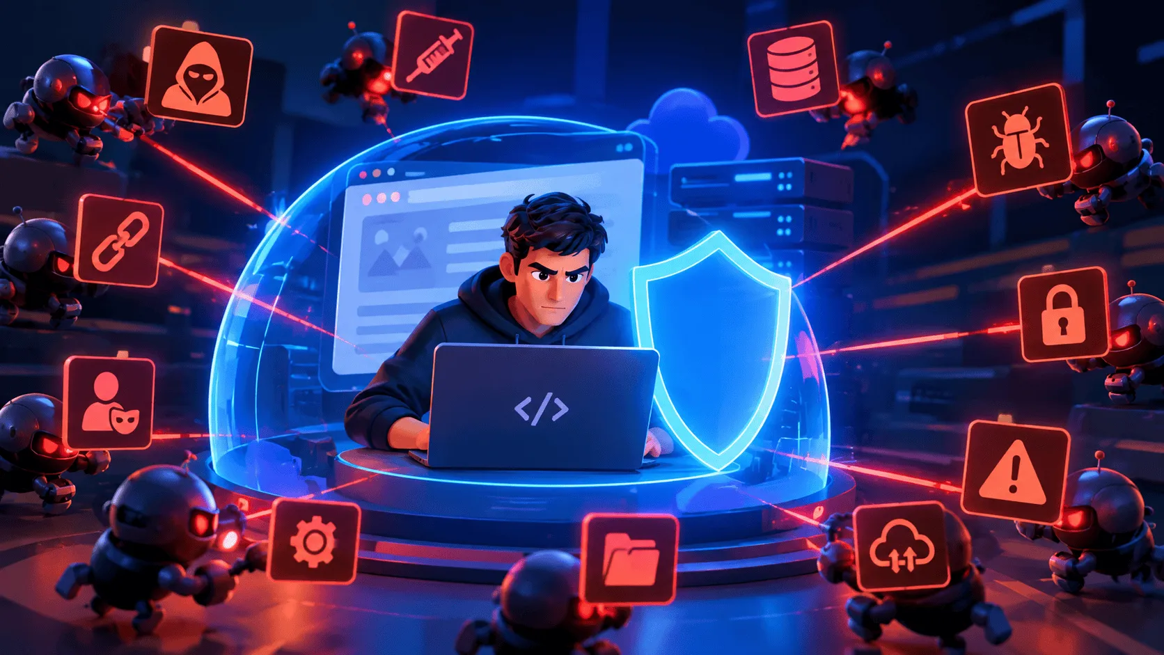Desarrollador independiente revisando el código de su aplicación con un escudo de seguridad en pantalla