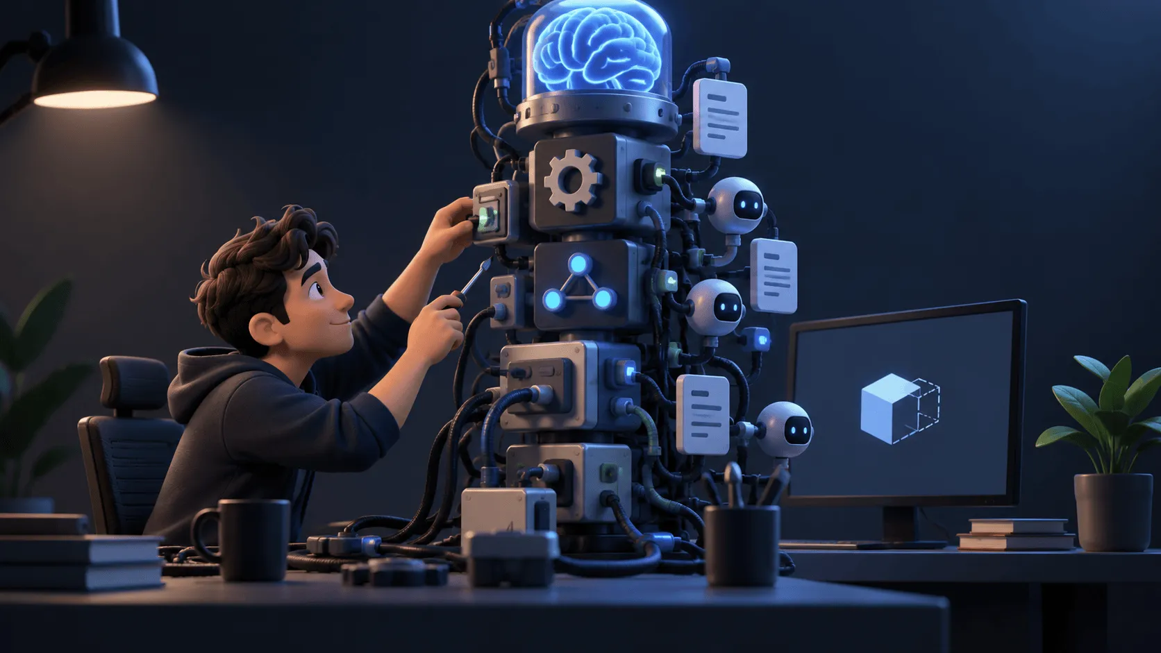 Iniciales MR rodeadas de iconos de programación y bloques de software